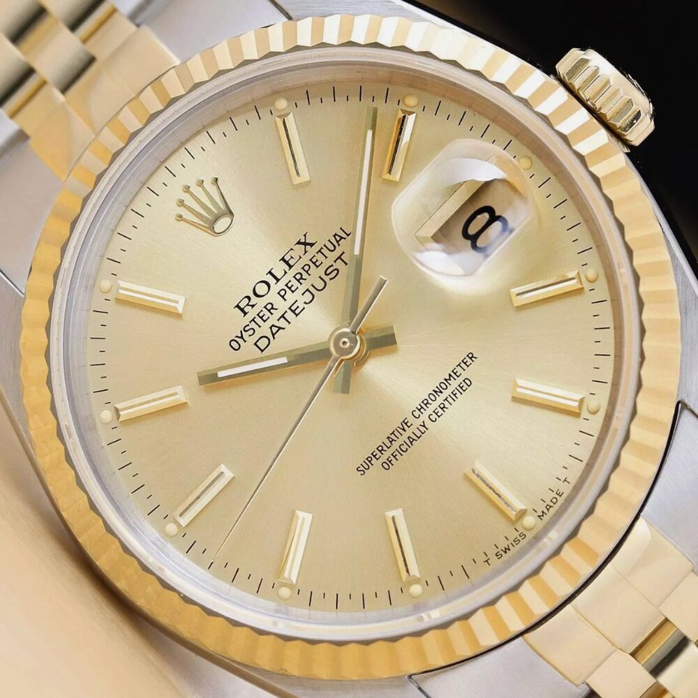 ROLEX MENS DATEJUST 18K GOLD STAINLESS STEEL CHAMPAGNE DIAL TWO TONE WATCH